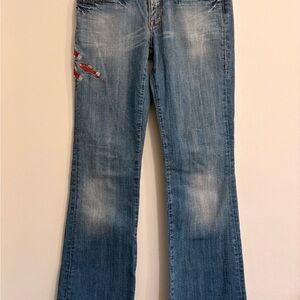 Stylish Blue Jeans with Embroidered Fish